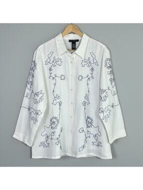 Dialogue Cream Shabby Chic Embroidered Linen Rayon Button Up Shirt 1X Boho
